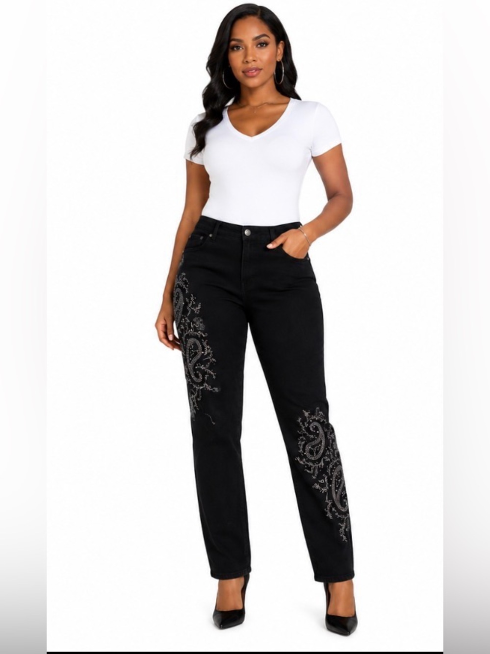 Earl Jeans Black Straight-Leg Jeans with Embellished Paisley Detail